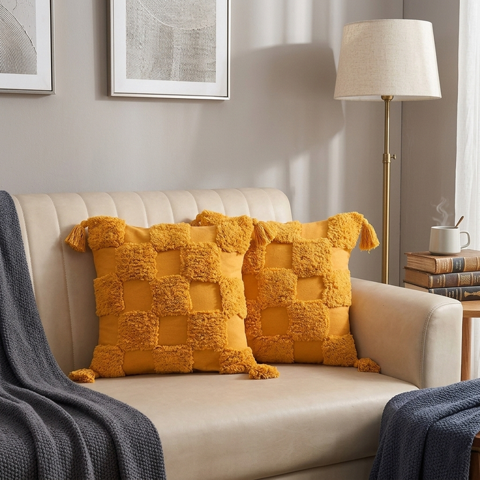 Mustard Yellow Tufted Checkerboard Hand-Tufted Cushion Covers - 16*16 inches Set of 2 (TFB)