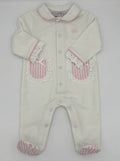 Newborn White Footed Romper with Pink Striped Trim