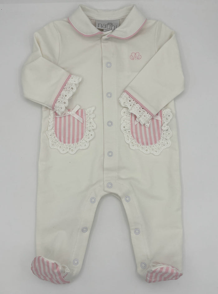 Newborn White Footed Romper with Pink Striped Trim