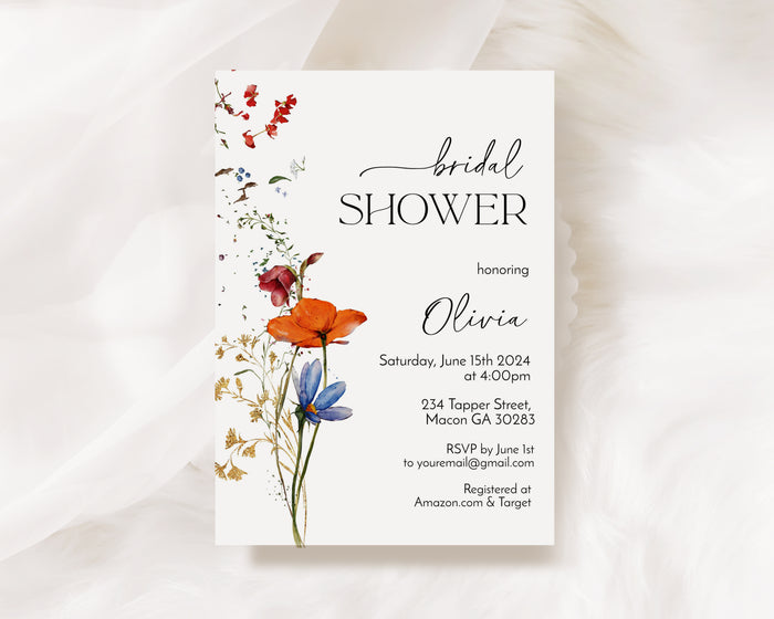 Orange & Blue Wildflower Bridal Shower Invitation Template Editable Invitation Corjl Digital Download