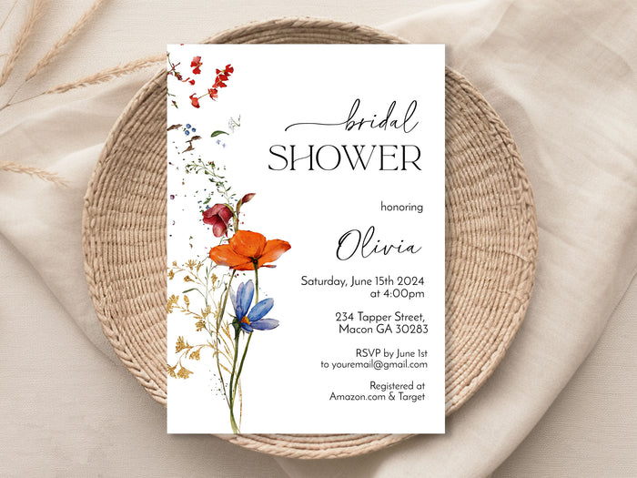 Orange & Blue Wildflower Bridal Shower Invitation Template Editable Invitation Corjl Digital Download