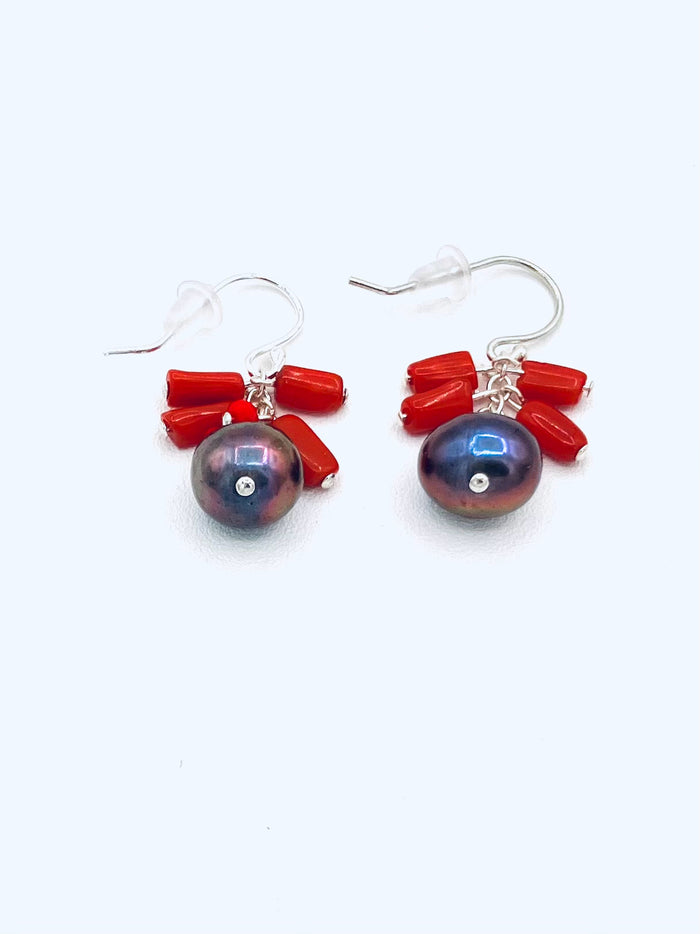 Pearl Earrings with Coral Cluster