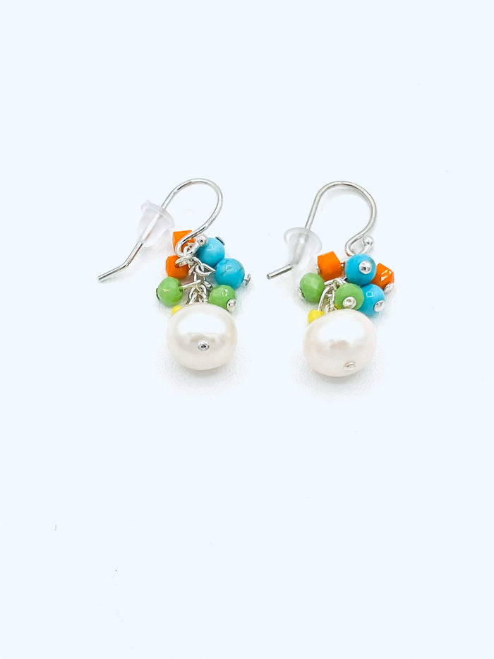 Pearl Earrings with Turquoise Cluster