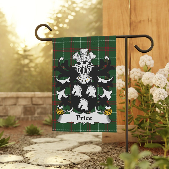 Green tartan flag with Price family crest featuring three white horses.