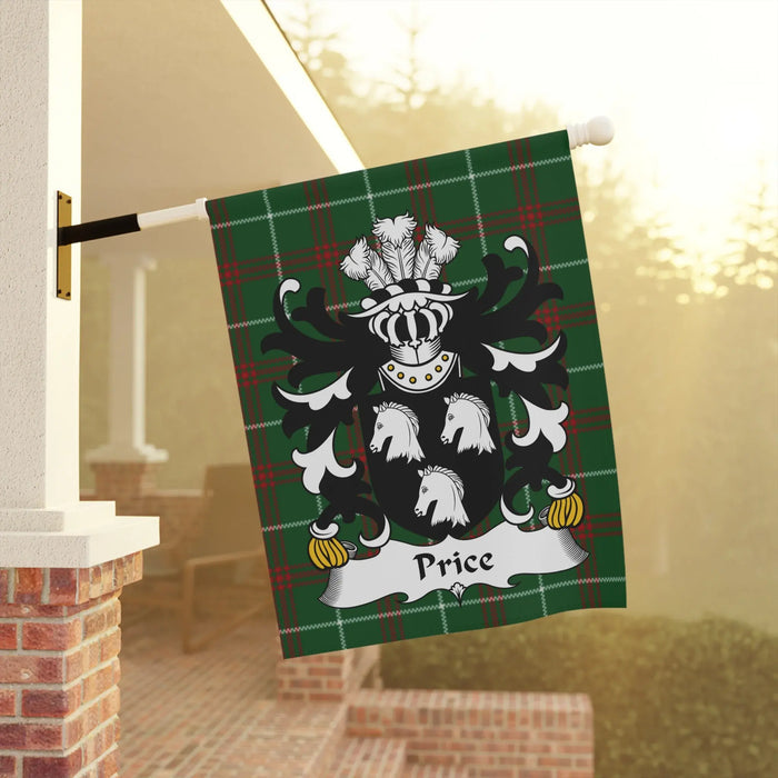 Green plaid flag with Price family crest and four horses.