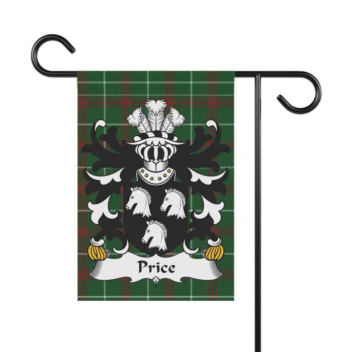 Garden flag with Price family crest on green plaid background.