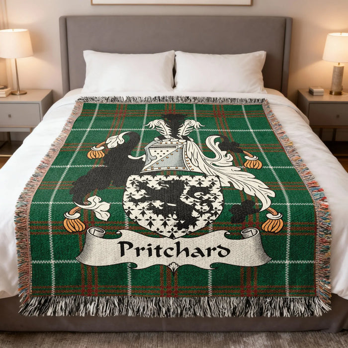 Pritchard Welsh family crest woven blanket on Welsh National Tartan