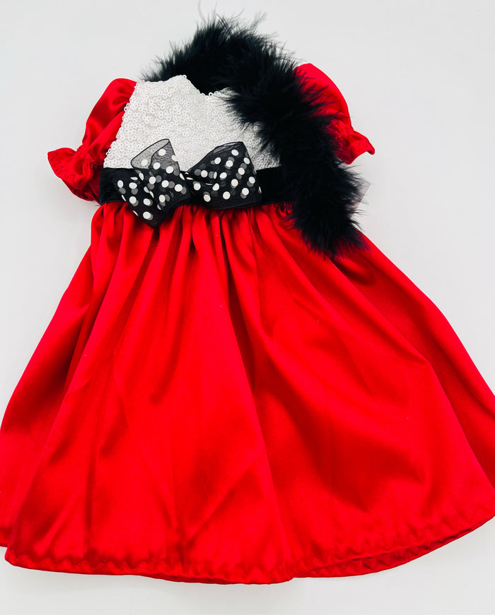 Red Satin Dress w/White Sequin Top/Black Bow and Boa for 18" Doll