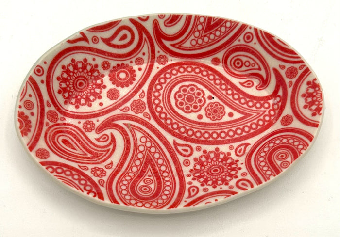 Red & White Paisley Procelain Oval Trinket Dish