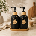 Ribbed Matte Black Glass Soap Dispenser Set (W)