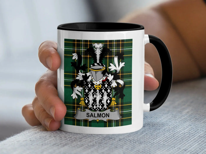 Salmon Irish family crest black accent mug with Irish National Tartan