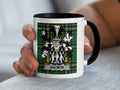 Salmon Irish family crest black accent mug with Irish National Tartan