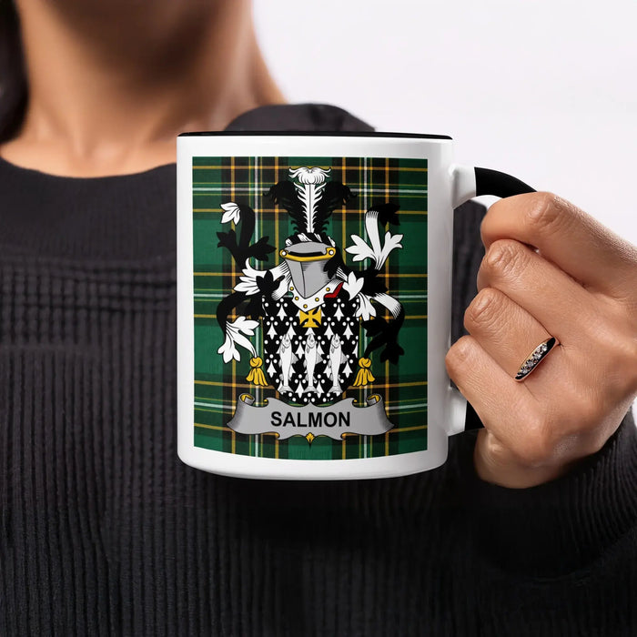 Salmon Irish heritage mug with black interior and surname crest