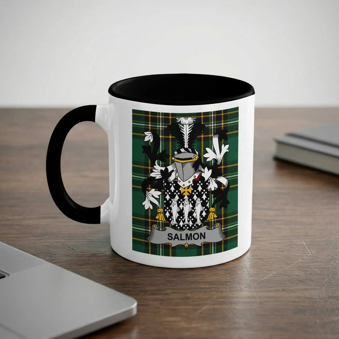Salmon black accent mug with Irish National Tartan and family crest