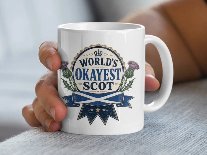 Mug with "World's Okayest Scot" text and Scottish thistle and flag.