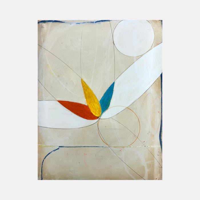 Spring Flings no. 11 by Janice La Motta features abstract geometric shapes with bold curves and lines on a cream background. Vibrant orange, yellow, and turquoise accents form a petal-like configuration, complemented by white sweeping forms and delicate circular elements. Oil stick on Yupo creates subtle texture and depth.