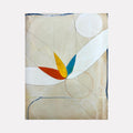 Spring Flings no. 11 by Janice La Motta features abstract geometric shapes with bold curves and lines on a cream background. Vibrant orange, yellow, and turquoise accents form a petal-like configuration, complemented by white sweeping forms and delicate circular elements. Oil stick on Yupo creates subtle texture and depth.