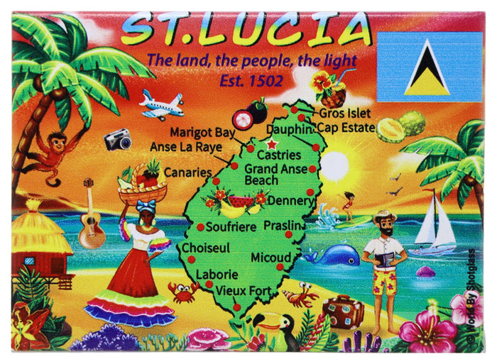 St. Lucia Graphic Map and Attractions Souvenir Fridge Magnet 2.5" X 3.5"