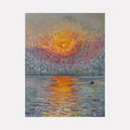 The artwork 'Sunset in Bombay' by Claudia Robles-Gil depicts a vibrant impressionistic seascape with a glowing orange sun reflecting on calm waters. Textured brushstrokes create a rippling effect across the sky in purple and yellow hues, while a small boat silhouette adds depth to the serene coastal scene. Oil on canvas, with rich impasto technique capturing the warmth of dusk.