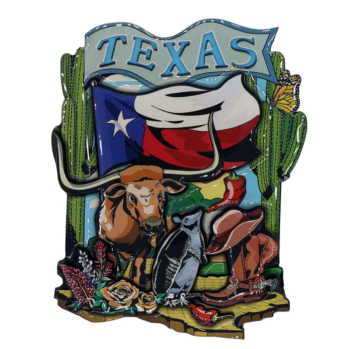 Texas Flag and Icons Wood Epoxy Magnet 4.0" x 3.0" x 0.4"