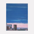 The artwork 'The Blue Hour (metallic)' by Cora Jane Glasser features an abstract urban landscape with geometric architectural forms against a dramatic twilight sky. Dark silhouetted buildings contrast with a soft pink horizon and deep metallic blue upper sky, rendered in oil on linen with visible brushstrokes creating atmospheric depth.