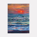 The artwork 'The Moment Is All There Is' by Claudia Robles-Gil depicts a vibrant seascape with rolling waves in shades of turquoise and deep blue beneath a dramatic sunset sky. Bold orange and red streaks paint the horizon, while a glowing sun disk reflects on the undulating ocean surface, creating a mesmerizing interplay of warm and cool tones through expressive brushstrokes in oil and acrylic on canvas.
