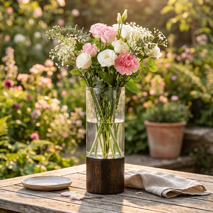 The Solace Wooden Base Clear Glass Cylinder Vase (W)