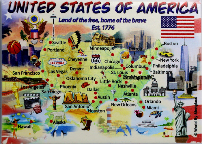 United States (USA) Graphic Map and Attractions Souvenir Fridge Magnet 2.5 X 3.5