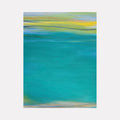 The artwork 'Waves #98' by Bob Melzmuf features a serene abstract seascape with layered horizontal brushstrokes. A dominant turquoise expanse fills the center, while soft yellows, greens, and pale blues blend at the horizons. The oil on canvas painting captures the tranquil motion of ocean waves through smooth color transitions and ethereal textures.