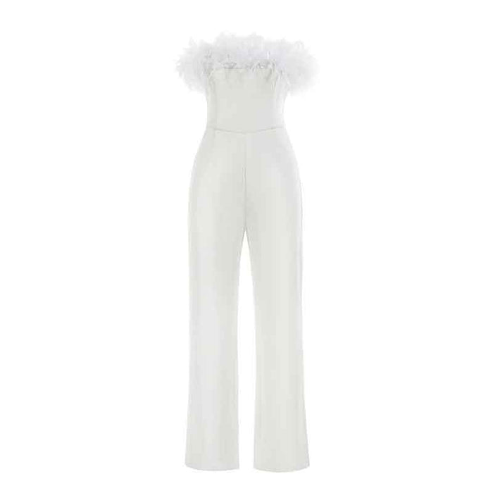 White One Piece Women's Jumpsuts with Feather Pants Romper