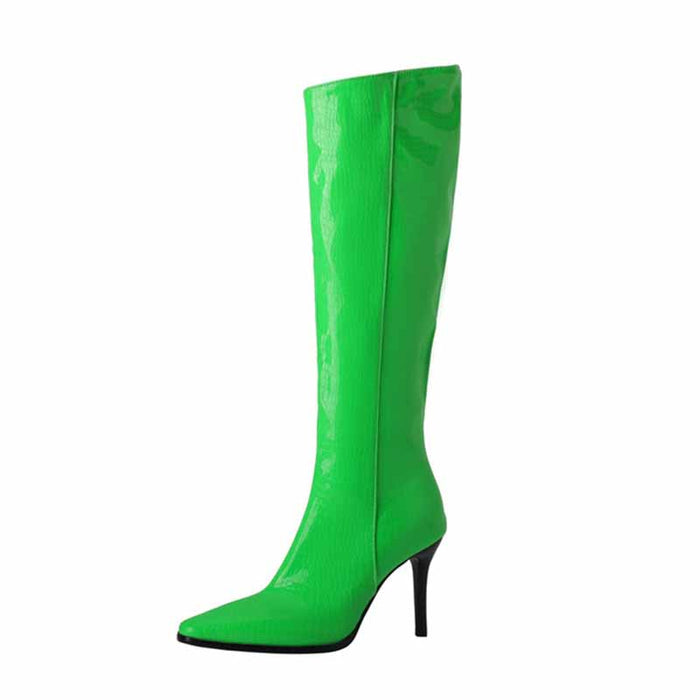 Women Knee High Zip Up Heeled Faux Leather Boots Big Size