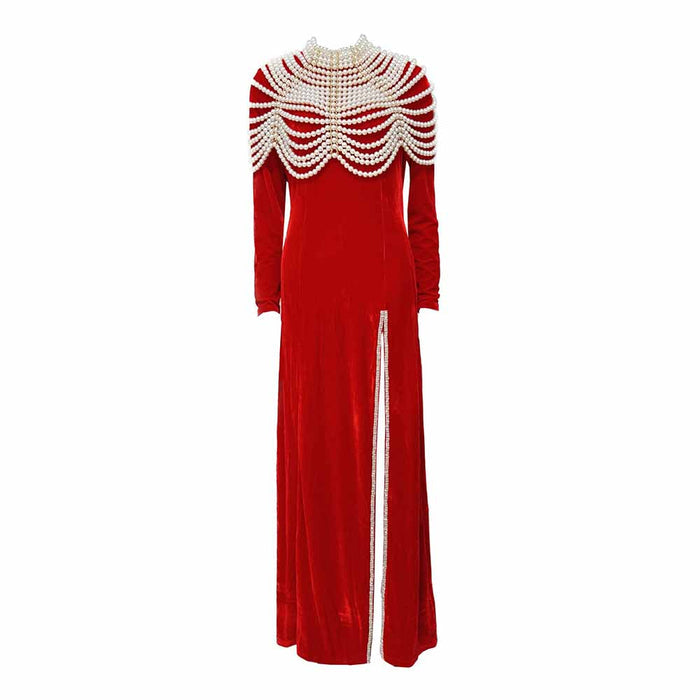Women Long Sleeves Red Velvet Event Dress High Split Long Formal Formal Dress