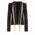 Women Sequin Tassel Chain Blazer Black Jacket
