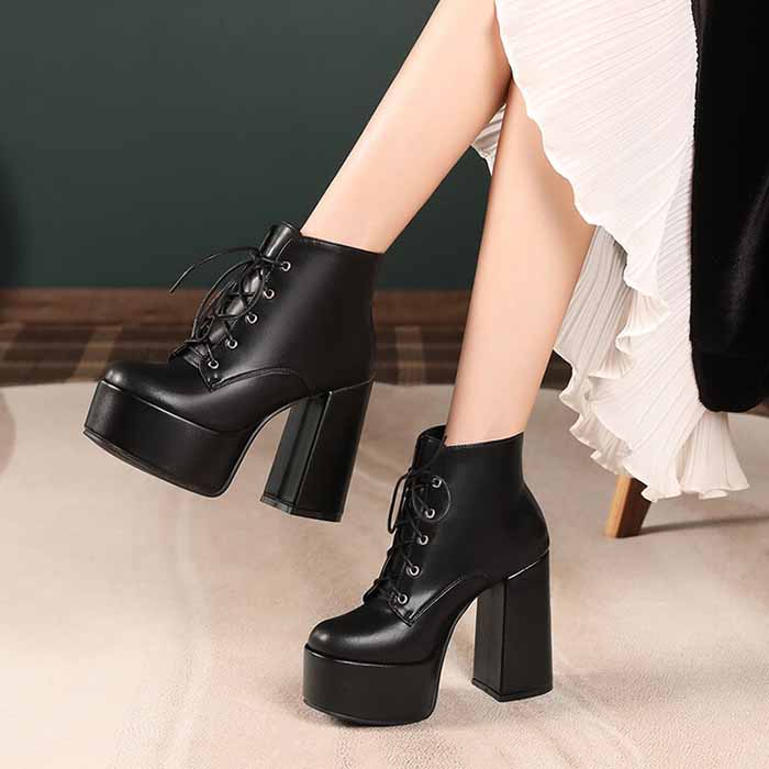 Women's lace up boots platform ankle heeled boots