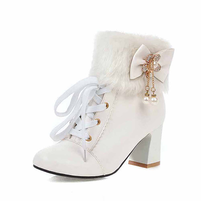 Womens Lace Up Platform Fur Lined Ankle Hiking Boots With Bowknot