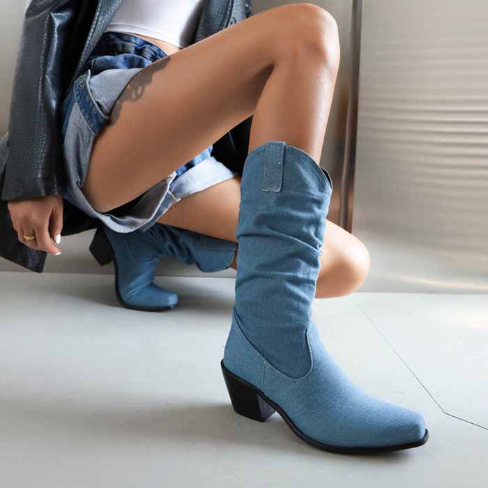 Women's mid-calf trendy boots denim chunky heel boots