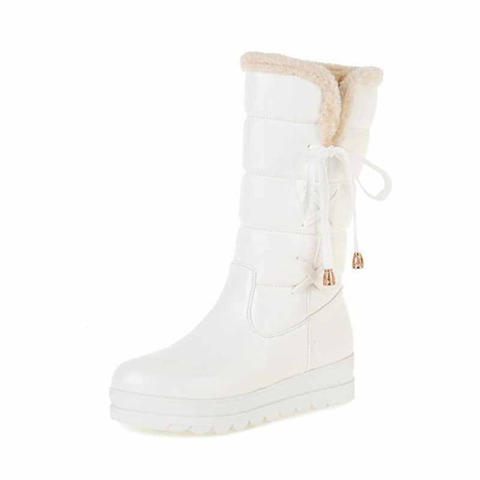 Women's waterproof winter boots in white with cozy fur lining and adjustable laces