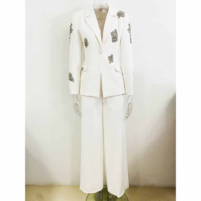 Women's White Beaded Blazer Suit Two Pieces Wide-Leg Wedding Pantsuit