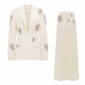 Women's White Beaded Blazer Suit Two Pieces Wide-Leg Wedding Pantsuit
