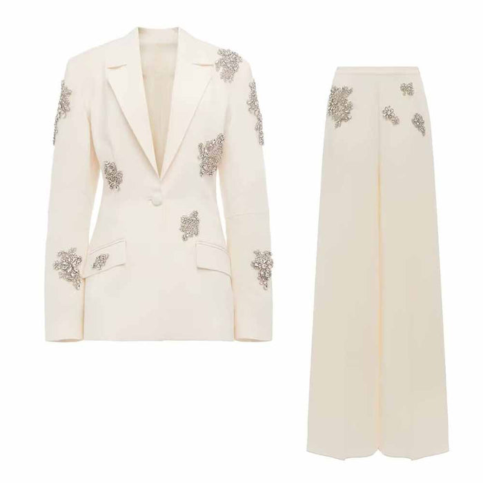 Women's White Beaded Blazer Suit Two Pieces Wide-Leg Wedding Pantsuit